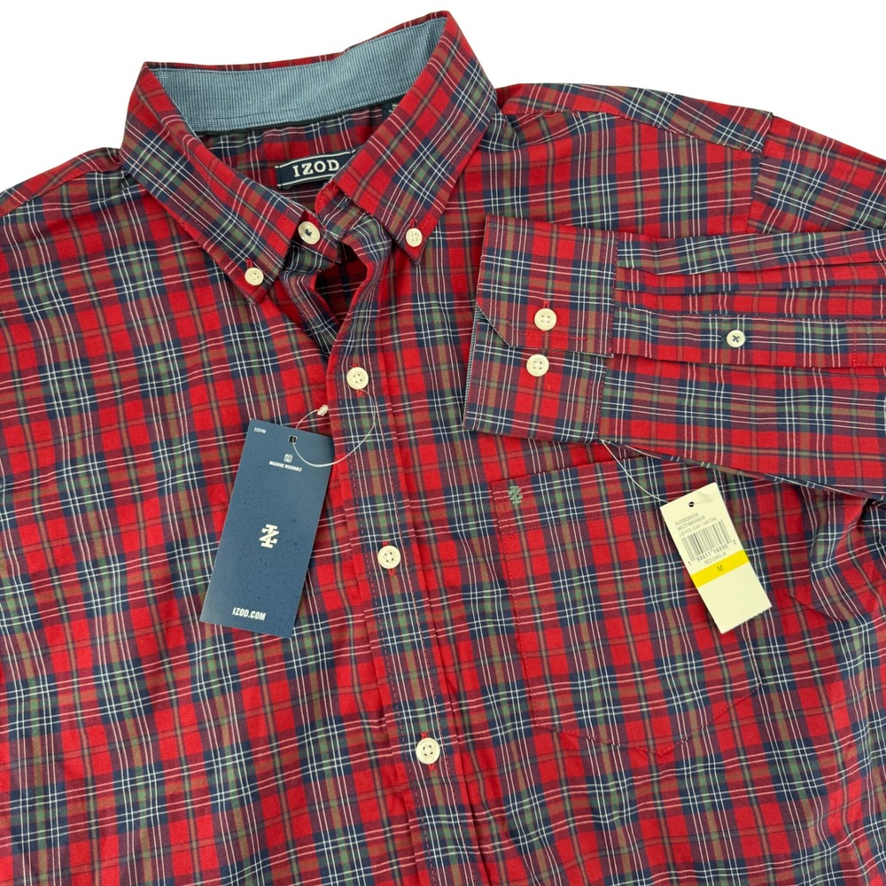 IZOD Button Down Shirt Mens M Red Dahlia Plaid Holiday Tartan Long Sleeve NEW